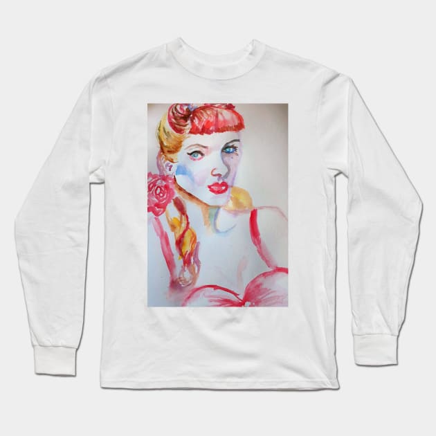 Redhead Woman Watercolor Painting Long Sleeve T-Shirt by SarahRajkotwala